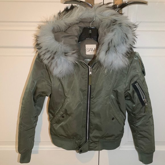 Olive Green Sam Puff Jacket With Light Blue Fur - Picture 1 of 10
